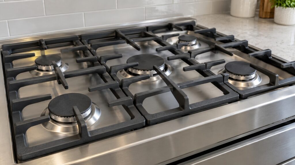 A close view of the cooktop of a gas range showing sealed burners and heavy continuous cast iron grates