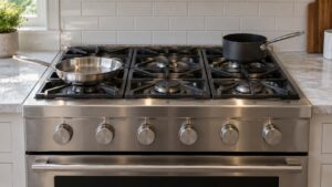 A wide professional-style stainless steel gas range in a kitchen with six burners and pans on two of them