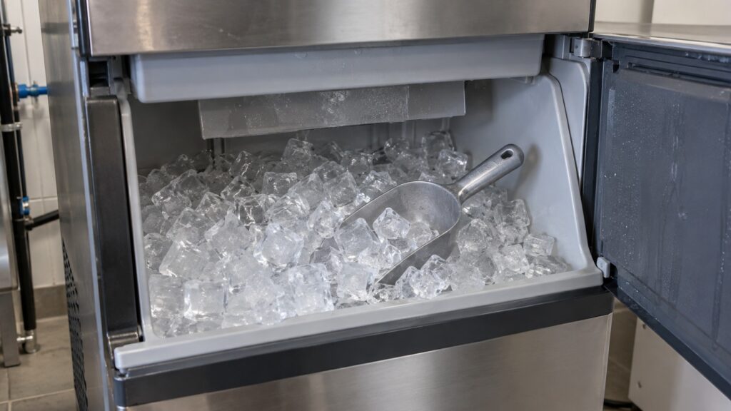 A scoop resting in a bin full of clear square ice cubes inside an open ice maker cabinet