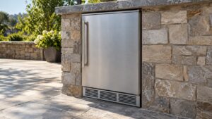 A stainless steel outdoor ice maker cabinet built into a stone outdoor kitchen island on a sunny patio