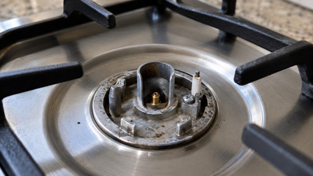 A close view of a gas burner with its cap removed showing the small brass orifice at the base of the burner tube