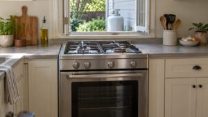A stainless steel gas range in a kitchen with a propane cylinder visible through an open window behind it