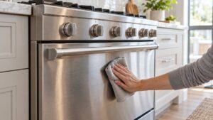 A hand wiping the brushed stainless steel front of a professional-style range with a soft cloth in a bright kitchen