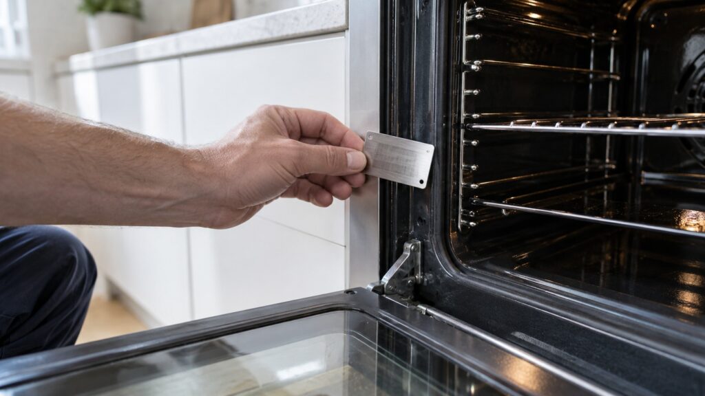A hand holding a small metal rating plate label near the inside edge of an open oven door, the printing too small to read