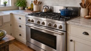A well-used professional-style stainless steel range in a family kitchen with a worn but clean cooktop and cast iron grates