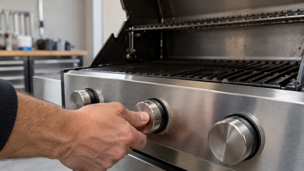 A close view of a hand pushing in a stainless steel grill control knob on the front panel of a grill, the grill hood open behind it