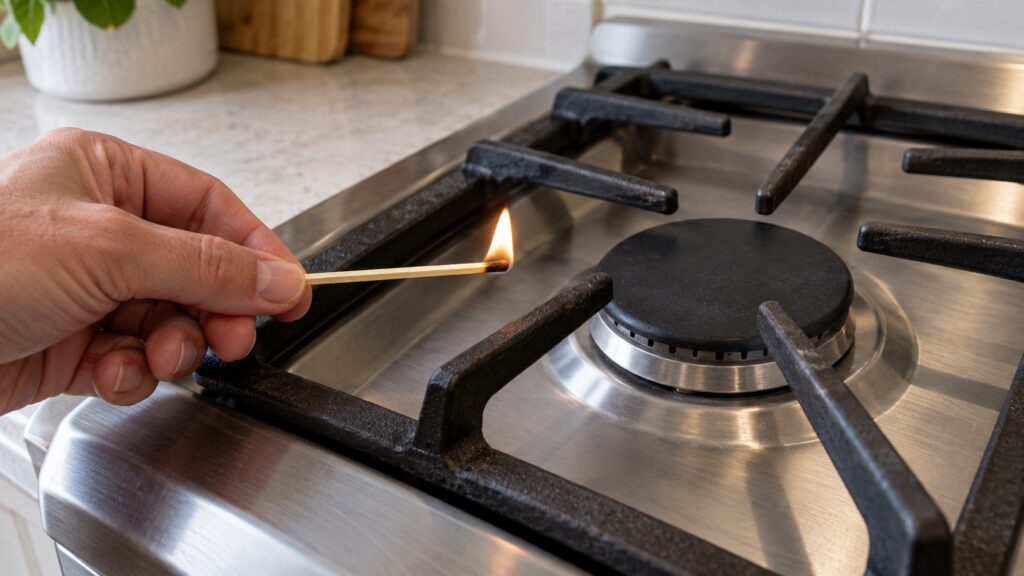 A hand holding a long match beside a sealed gas burner on a range with the grate in place