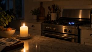A dim kitchen lit by a single candle with a stainless steel gas range in the background and one burner flame burning