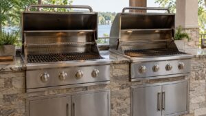 Two built-in stainless steel gas grills side by side in an outdoor kitchen with their lids open, no text or logos