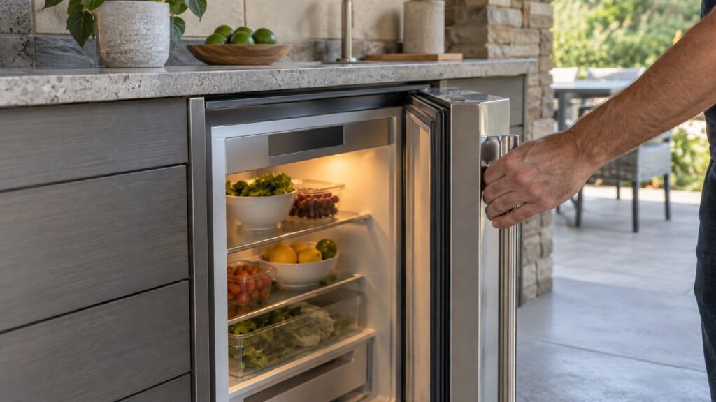 A hand opening the door of an outdoor refrigerator showing a lit interior and an unmarked control panel, no text, letters or symbols