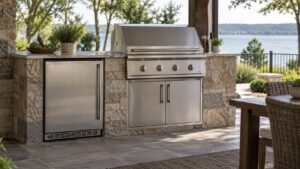 A stainless steel outdoor refrigerator and a built-in grill in one outdoor kitchen, no text or logos