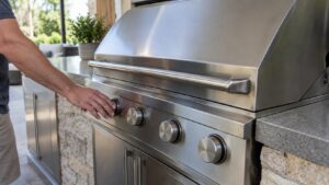 A built-in stainless steel gas grill with a hand resting near the control knobs, no text or labels