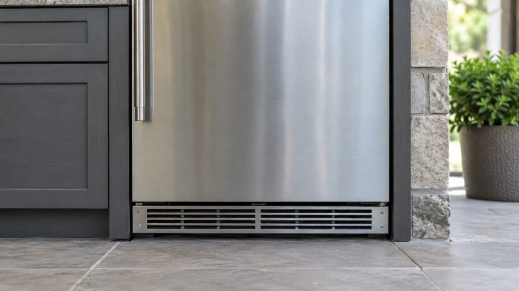 A front view of a narrow ventilation grille at the base of a built-in outdoor refrigerator beside the cabinet opening, no text or labels