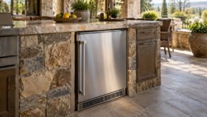 A stainless steel built-in outdoor refrigerator set under a stone countertop in an outdoor kitchen, no text or labels