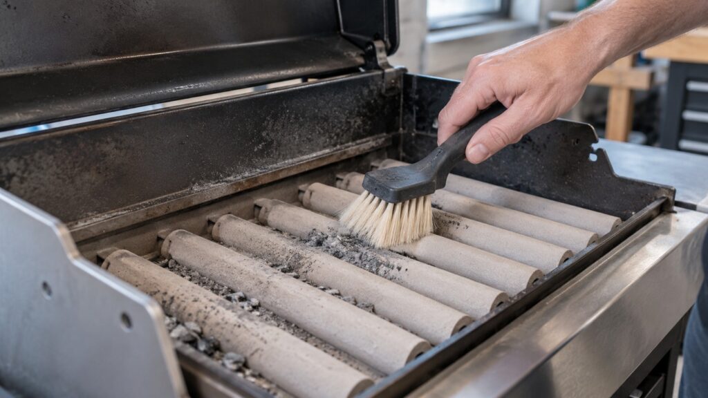 A hand using a soft bristle brush to sweep ash off a row of cool ceramic rods in a grill, no text or labels