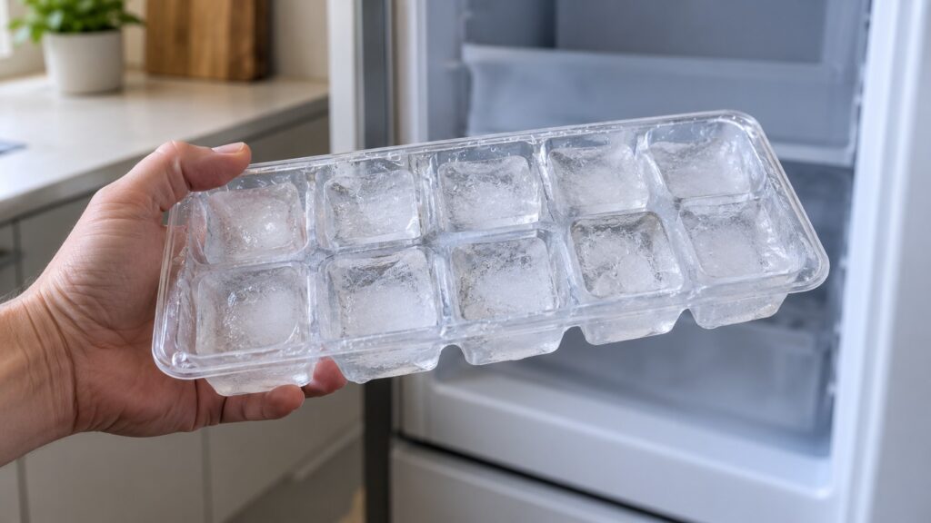 A hand holding a clear plastic ice tray filled with ice cubes, no text or labels
