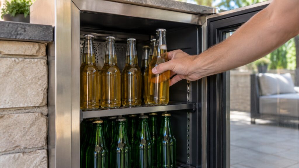 A hand placing a bottle on an outdoor beverage center shelf next to other bottles with small gaps between them, no text or labels