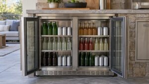 An open stainless steel outdoor beverage center with rows of bottles and cans on shelves, no text or labels