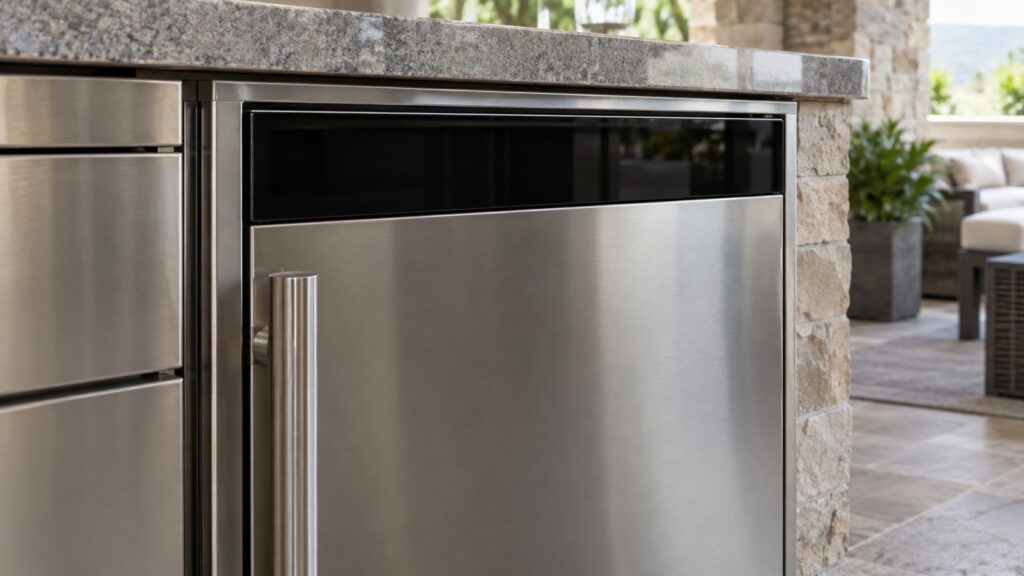 The dark control panel of an outdoor refrigerator with no lit display and no symbols